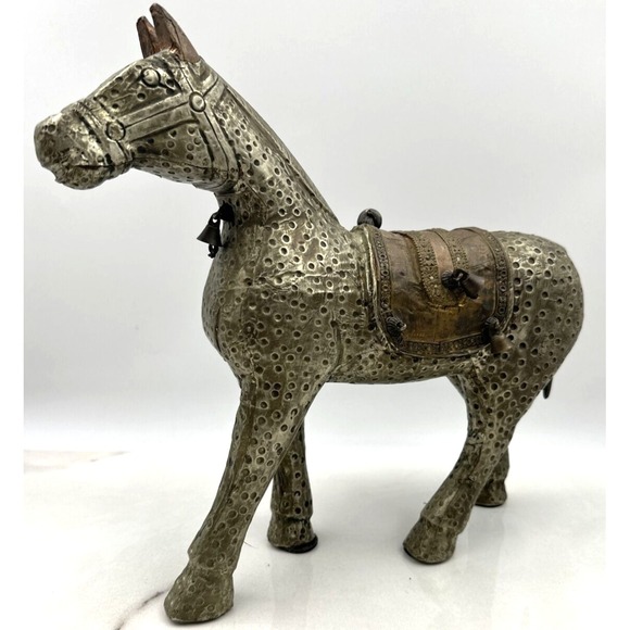 Antique Wood Horse Figurine Metal Copper Wrapped Carved Statuette